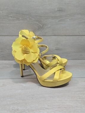 Nina Women Yellow Floral Platform Stiletto Sandals Shoes Sz 8.5M